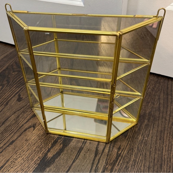 Vintage Brass Gold Glass Trinket Display Curio Cabinet Case Tabletop or Mount